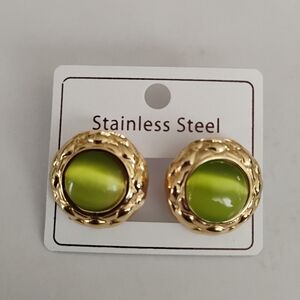New Gold and Green Cat's Eye Stone Stainless Steel Earrings